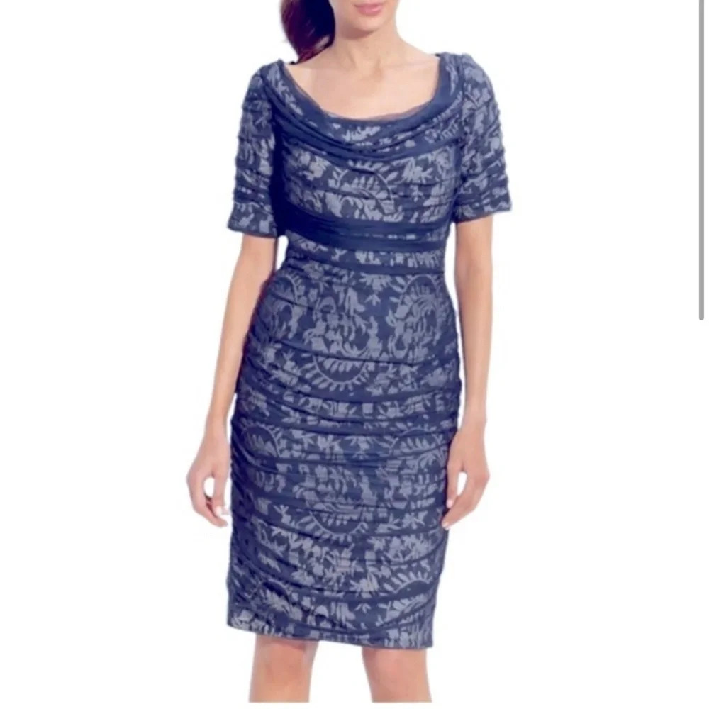 Tadashi Shoji silk layered bodycon ruched dress floral print back zip blue SZ 16